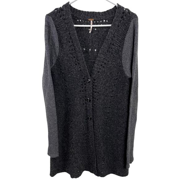 Free People Wool Blend Knit Cardigan Sweater Embroidered Patch Size S Boho - Picture 1 of 2